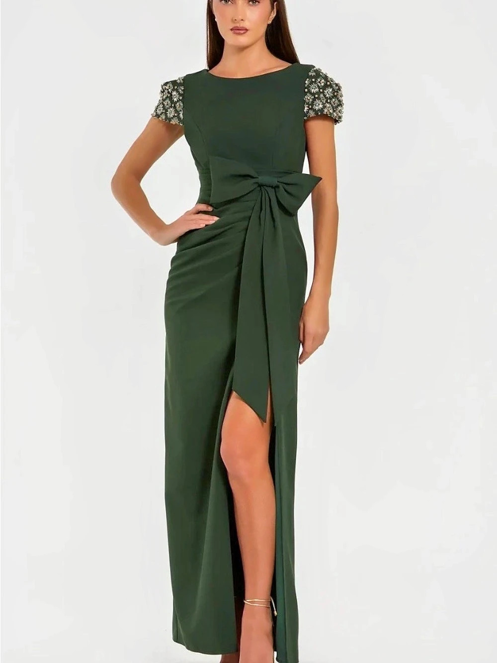 Mac Duggal Beaded Cap Sleeve Crepe Gown Green Like New